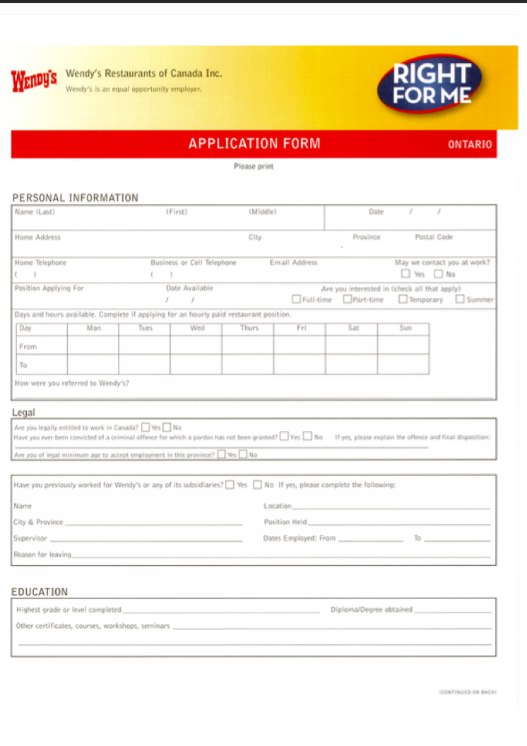 Wendy’s Canada Job Application Form